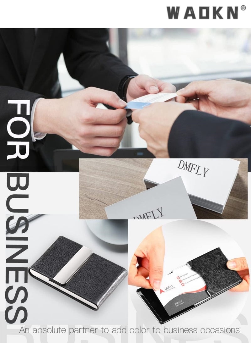 WAOKN Business Card Holder, PU Leather Business Card Case Pocket Card Holders for Men or Women, Metal Slim Name Card Holder RFID Blocking Business Card Carrier with Magnetic Closure, Black - Image 3